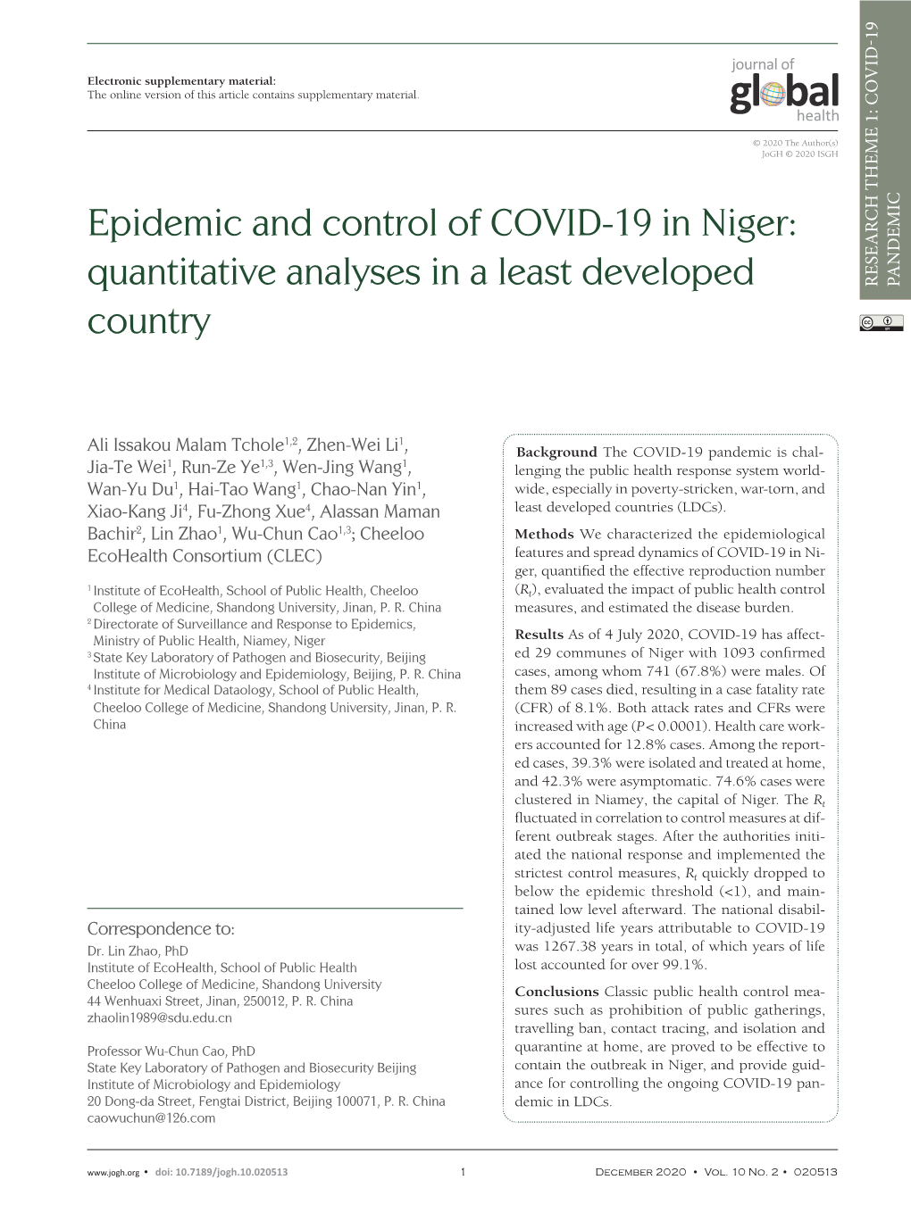 Epidemic and Control of COVID-19 in Niger: Quantitative Analyses in a Least Developed Country