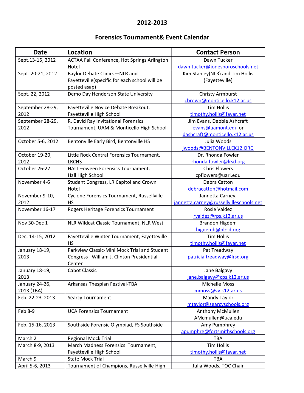 Forensics Tournament& Event Calendar