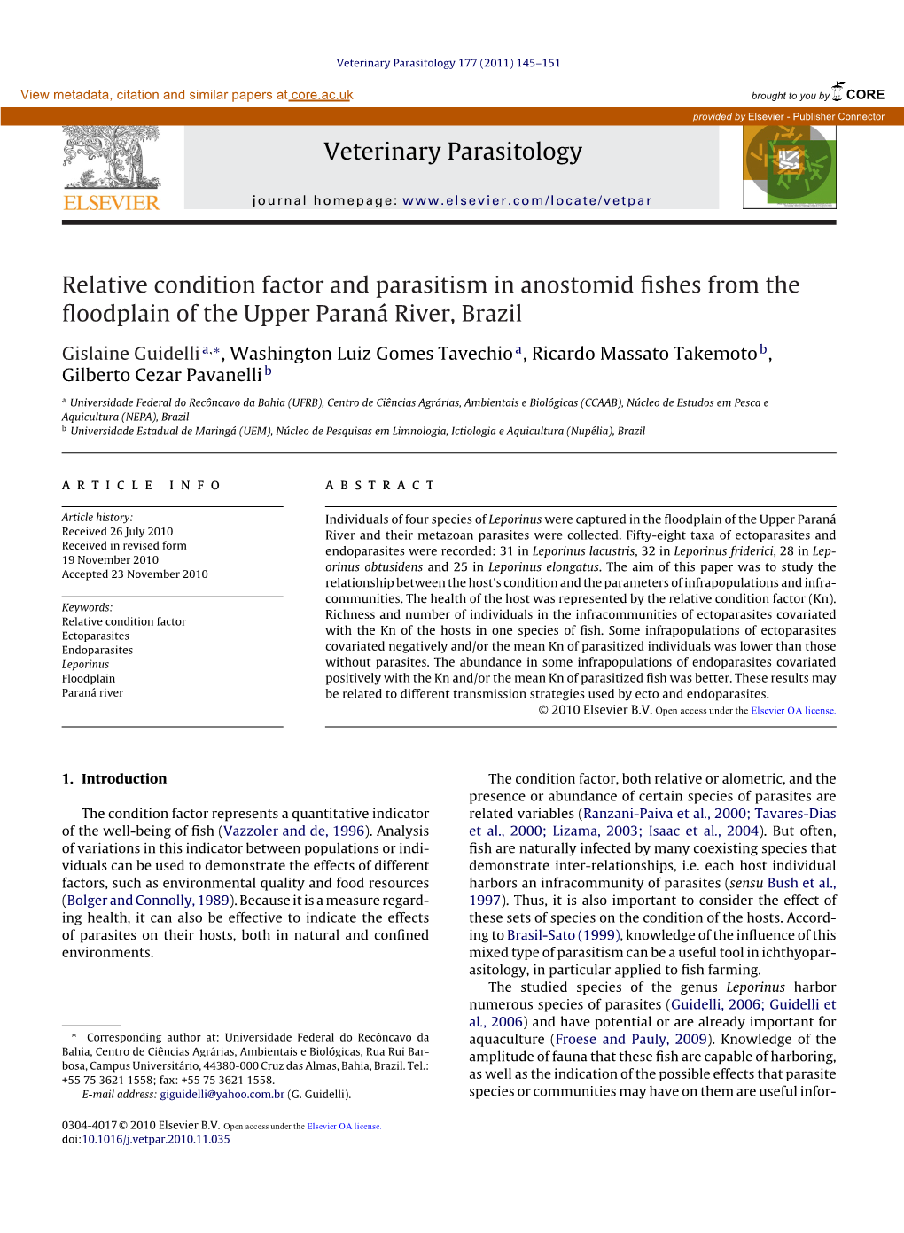 Relative Condition Factor and Parasitism in Anostomid ﬁshes from the ﬂoodplain of the Upper Paraná River, Brazil