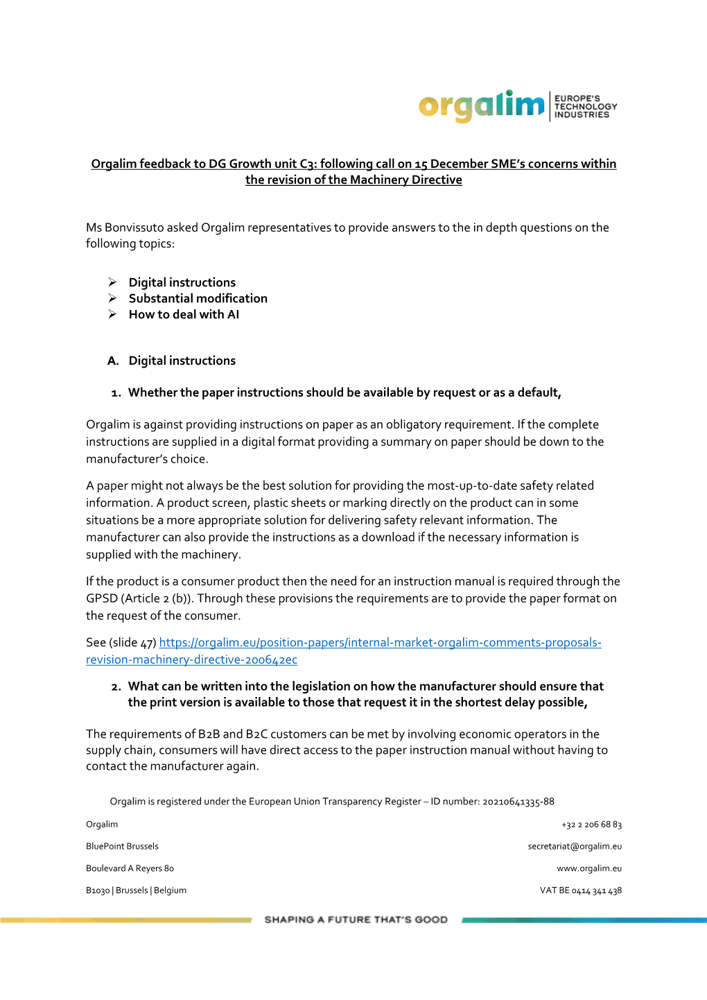 Orgalim Feedback to DG Growth Unit C3: Following Call on 15 December SME’S Concerns Within the Revision of the Machinery Directive