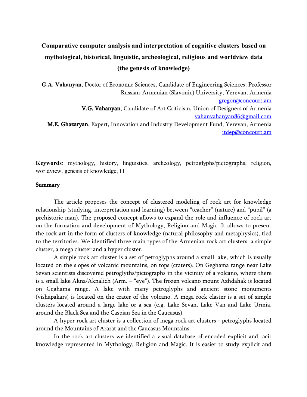 Comparative Computer Analysis and Interpretation of Cognitive Clusters Based on Mythological, Historical, Linguistic, Archeologi