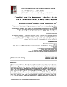 Flood Vulnerability Assessment of Afikpo South Local Government Area, Ebonyi State, Nigeria