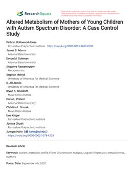 Metbolomics of Mothers of Children with Autism Spectrum Disorder 1
