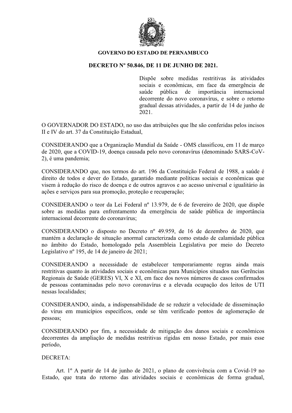 Decreto Nº 50.846, De 11 De Junho De 2021