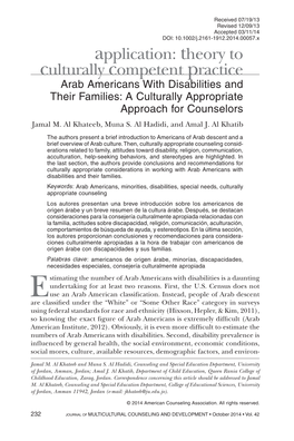 Arab Americans with Disabilities and Their Families: a Culturally Appropriate Approach for Counselors Jamal M