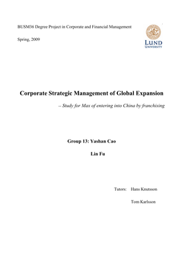 Corporate Strategic Management of Global Expansion