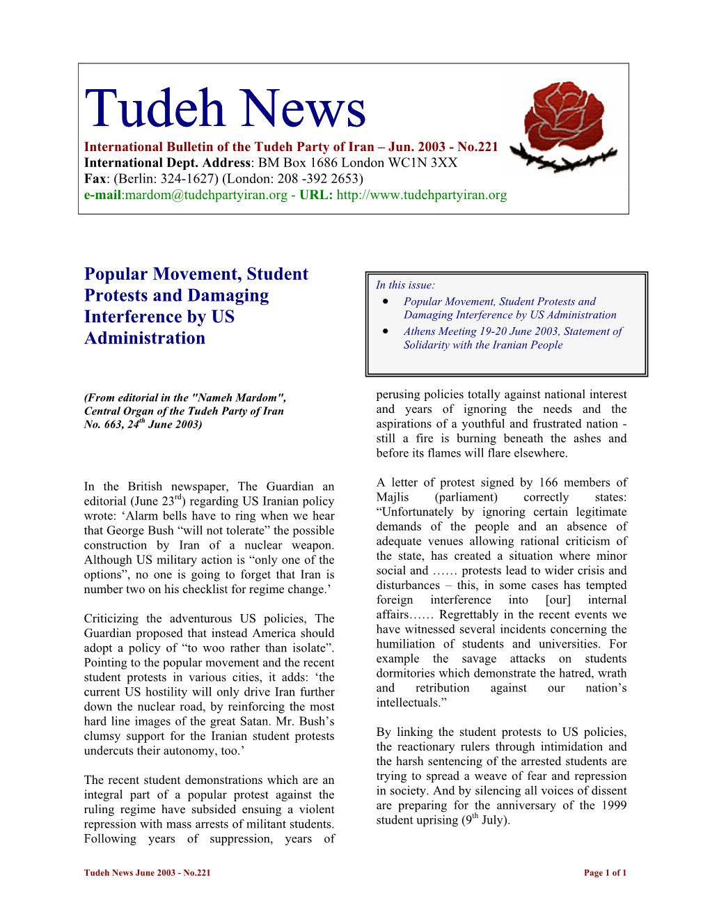 Tudeh News International Bulletin of the Tudeh Party of Iran – Jun