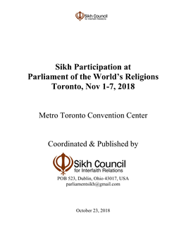 Sikh Participation at Parliament of the World's Religions Toronto, Nov 1-7