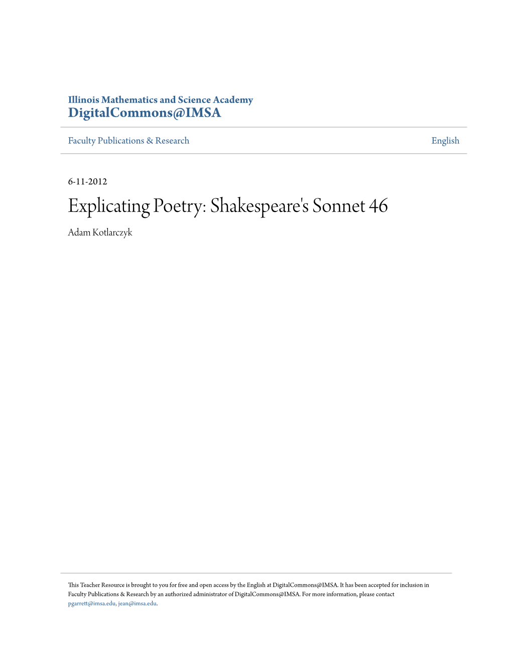 Explicating Poetry: Shakespeare's Sonnet 46 Adam Kotlarczyk