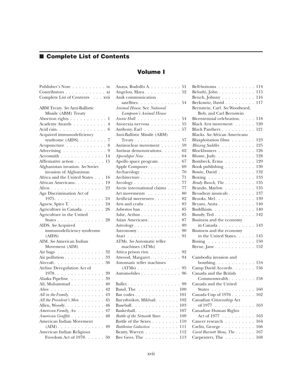 Complete List of Contents Volume I