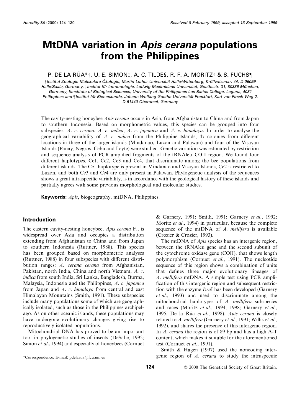 Mtdna Variation in Apis Cerana Populations from the Philippines