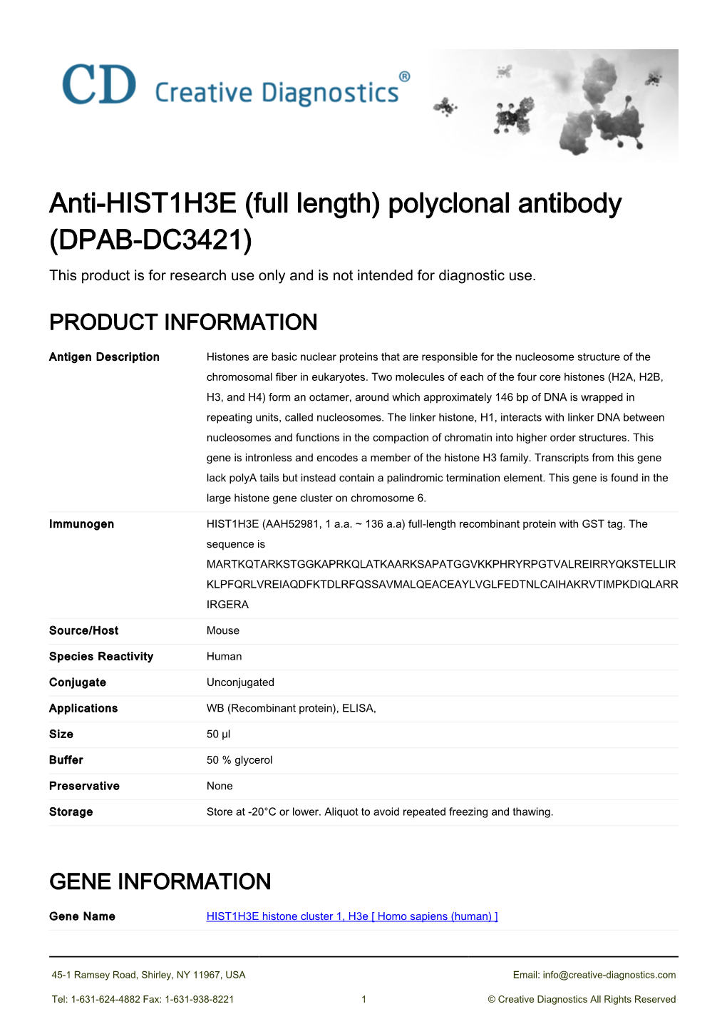 Anti-HIST1H3E (Full Length) Polyclonal Antibody (DPAB-DC3421) This Product Is for Research Use Only and Is Not Intended for Diagnostic Use