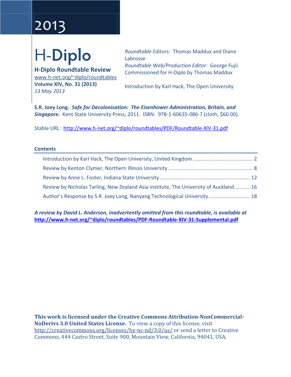 H-Diplo Roundtables, Vol. XIV, No. 31