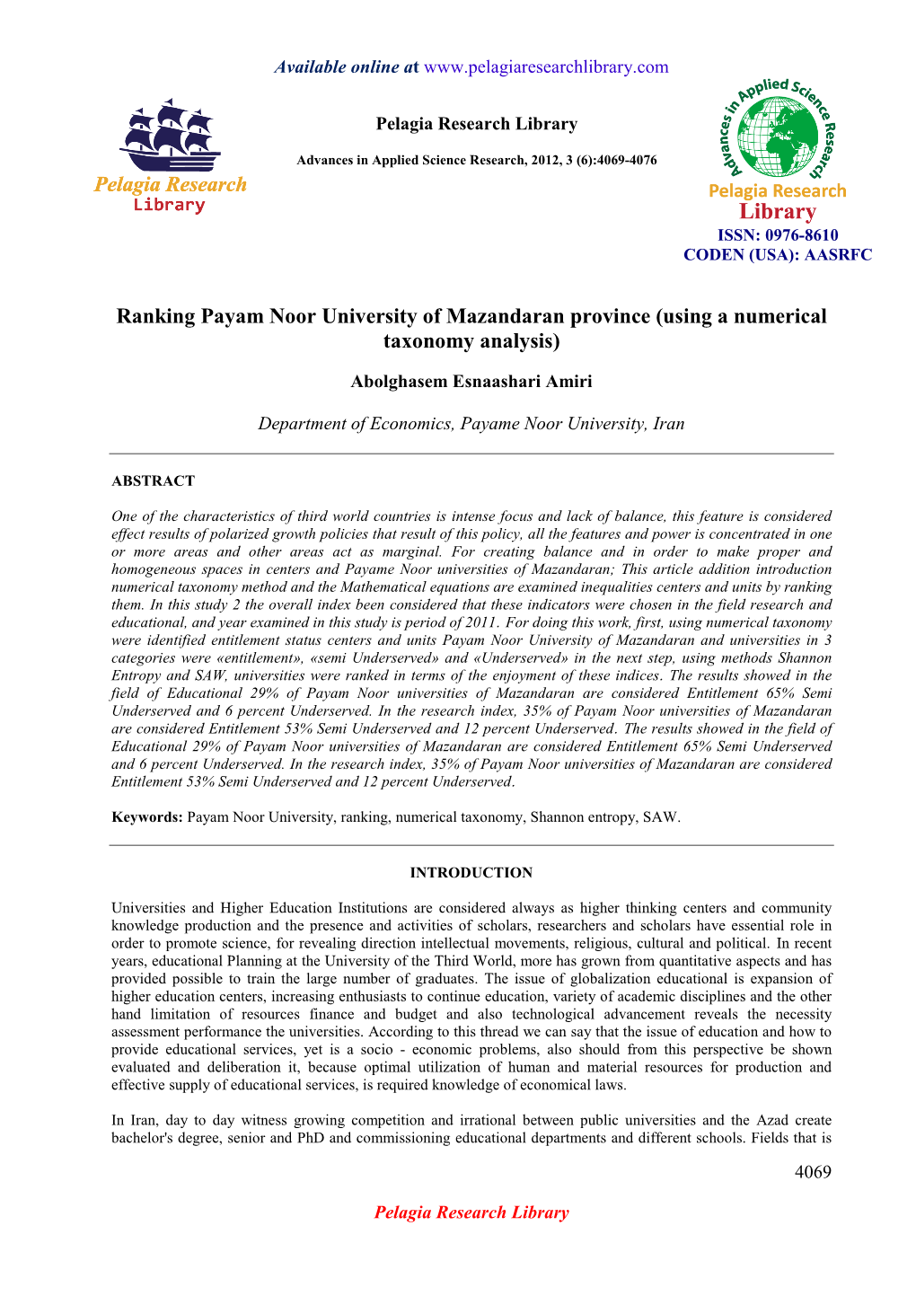 Ranking Payam Noor University of Mazandaran Province (Using a Numerical Taxonomy Analysis)