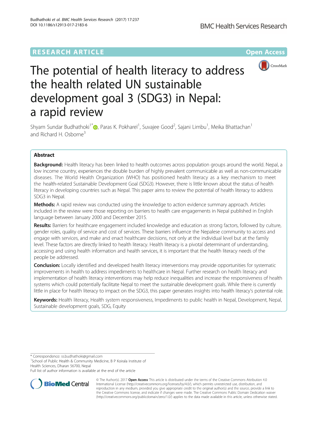 The Potential of Health Literacy to Address the Health Related UN Sustainable Development Goal 3 (SDG3) in Nepal: a Rapid Review Shyam Sundar Budhathoki1* , Paras K