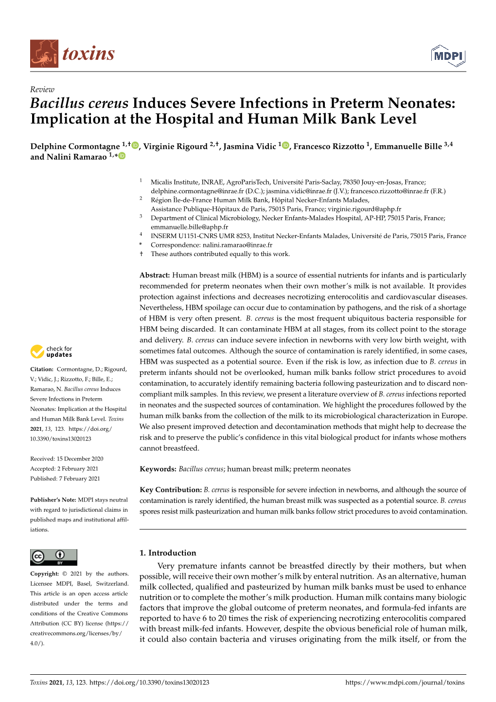 Bacillus Cereus Induces Severe Infections in Preterm Neonates: Implication at the Hospital and Human Milk Bank Level