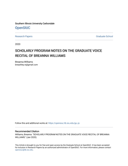 Scholarly Program Notes on the Graduate Voice Recital of Breanna Williams