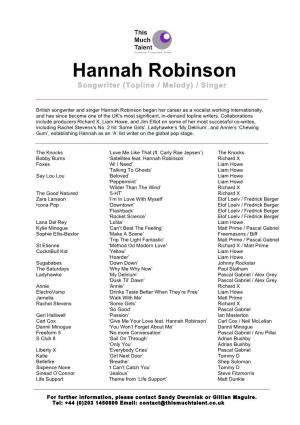 Hannah Robinson Songwriter (Topline / Melody) / Singer