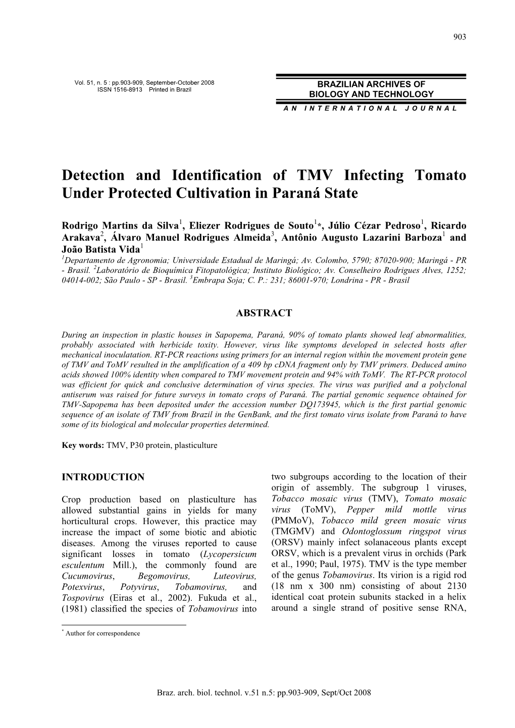 Detection and Identification of TMV Infecting Tomato Under Protected Cultivation in Paraná State