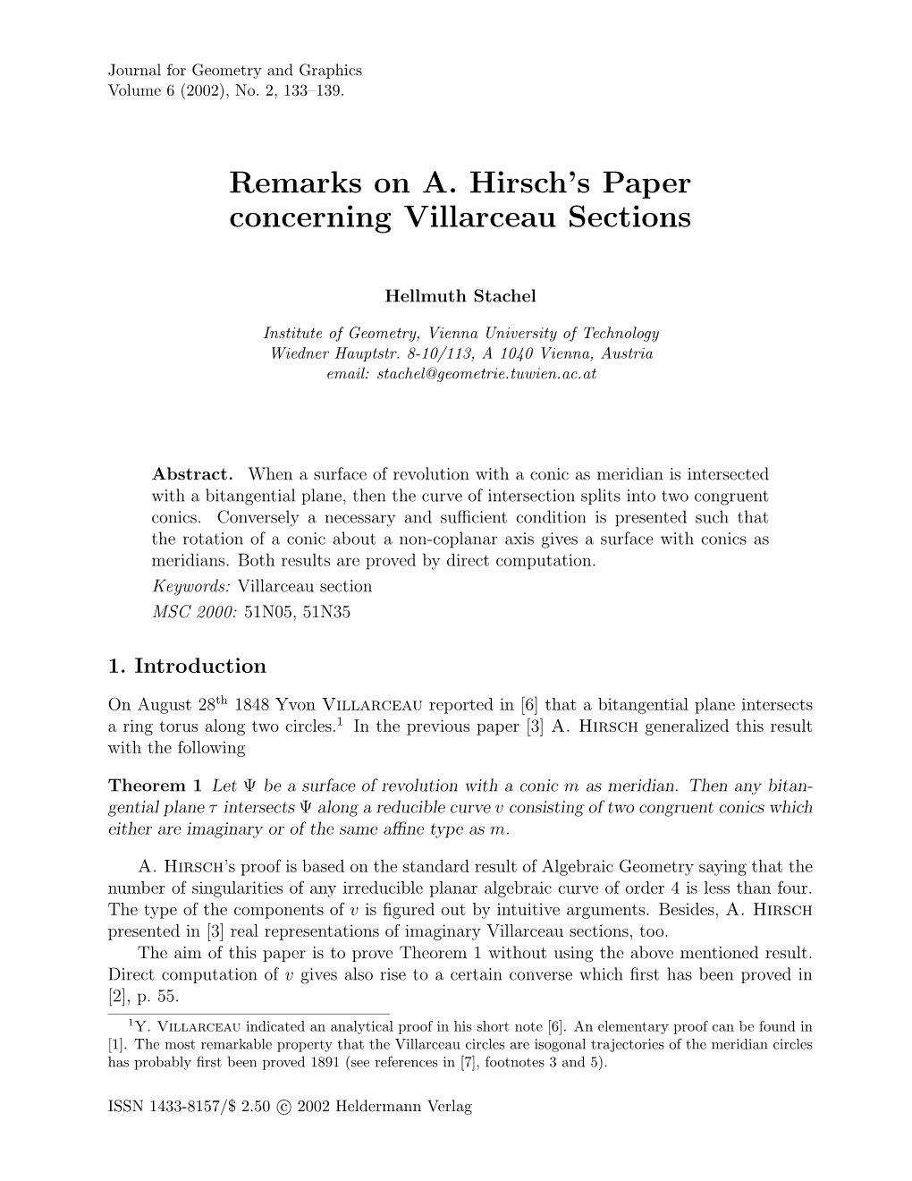 Remarks on A. Hirsch's Paper Concerning Villarceau Sections