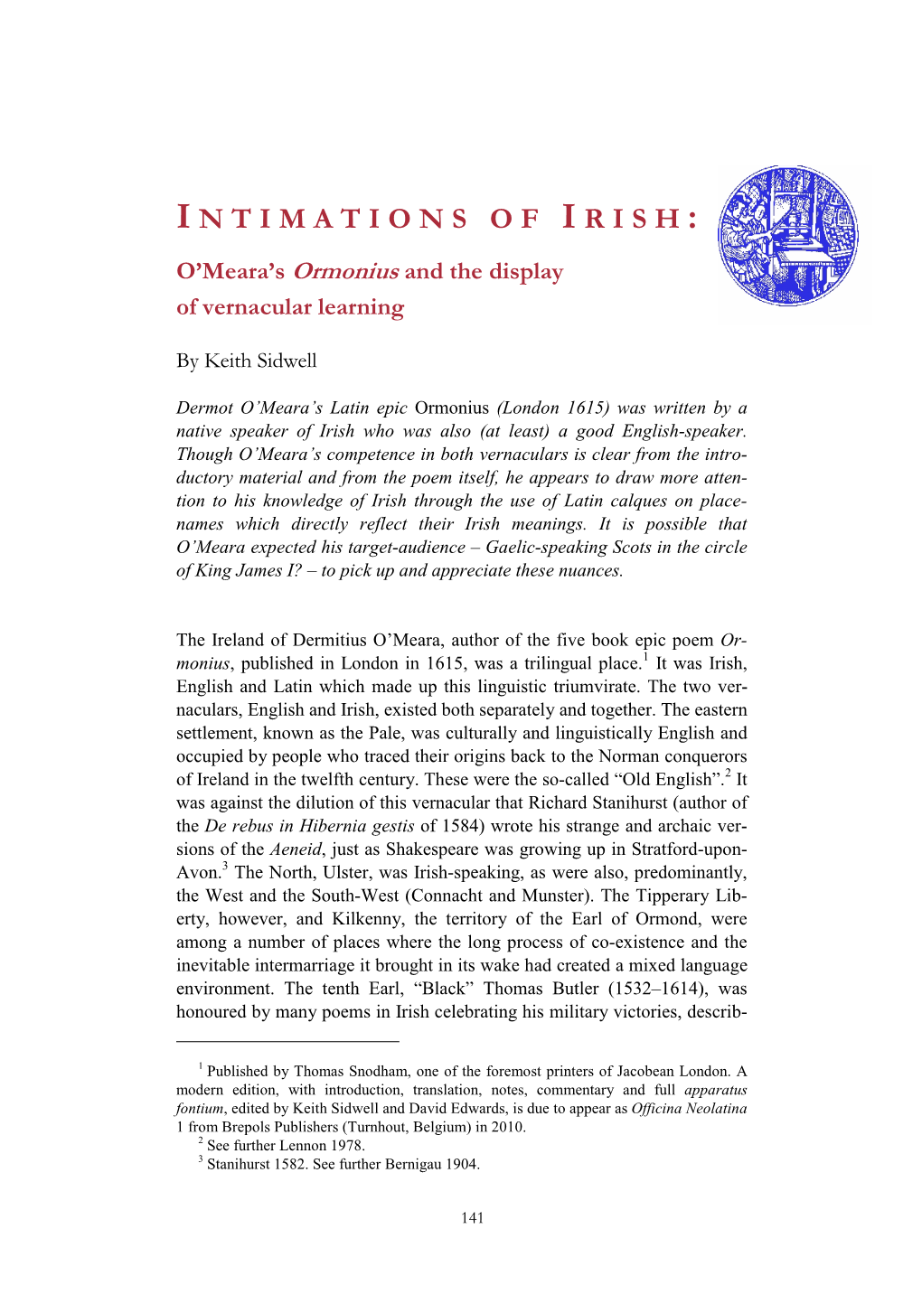 Intimations of Irish: O'meara's Ormonius and the Display Of