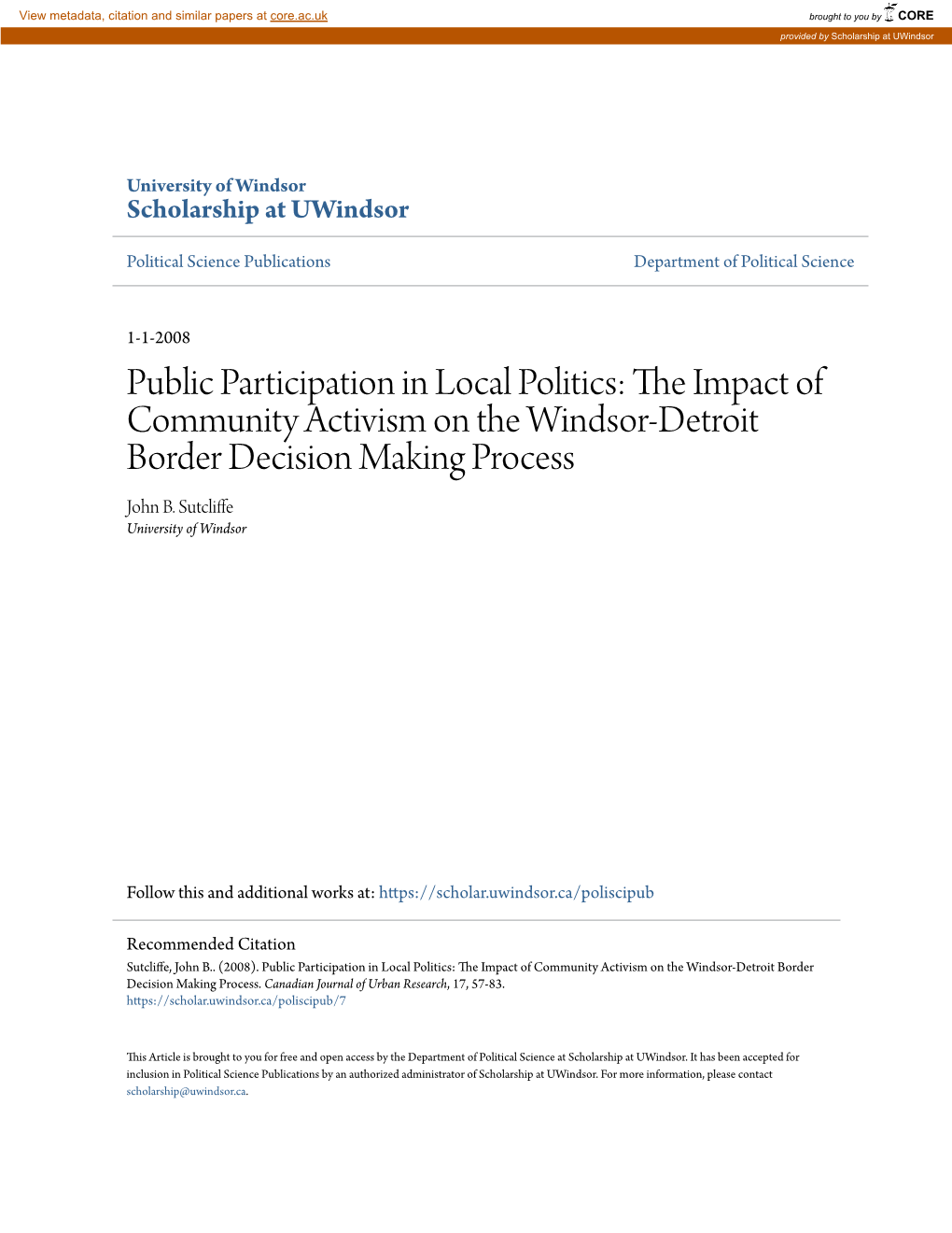 The Impact of Community Activism on the Windsor-Detroit Border Decision Making Process