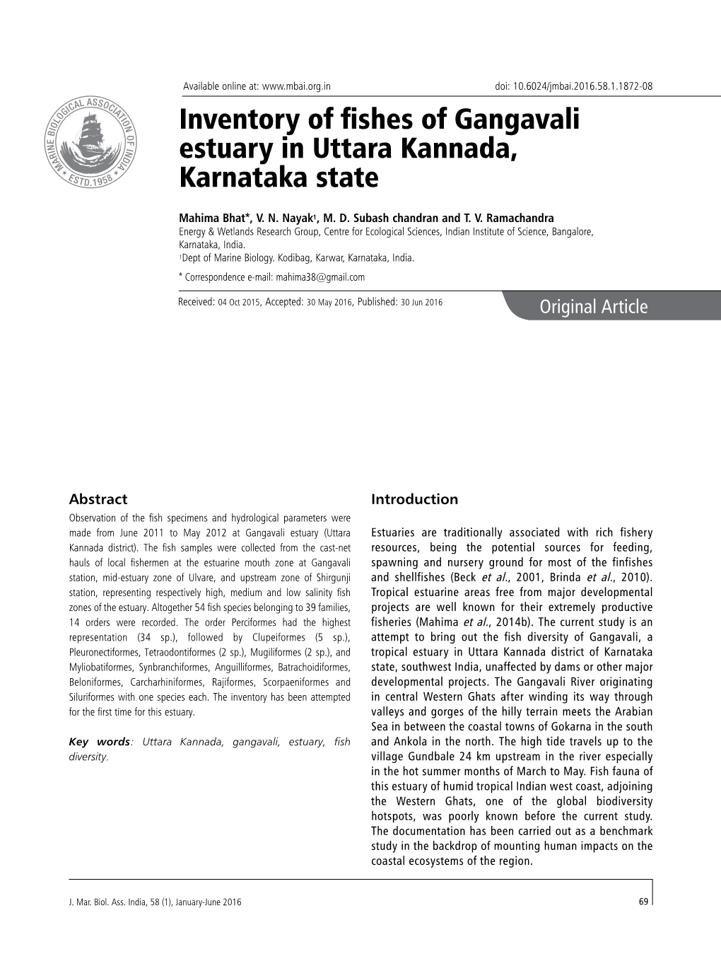 Inventory of Fishes of Gangavali Estuary in Uttara Kannada, Karnataka State