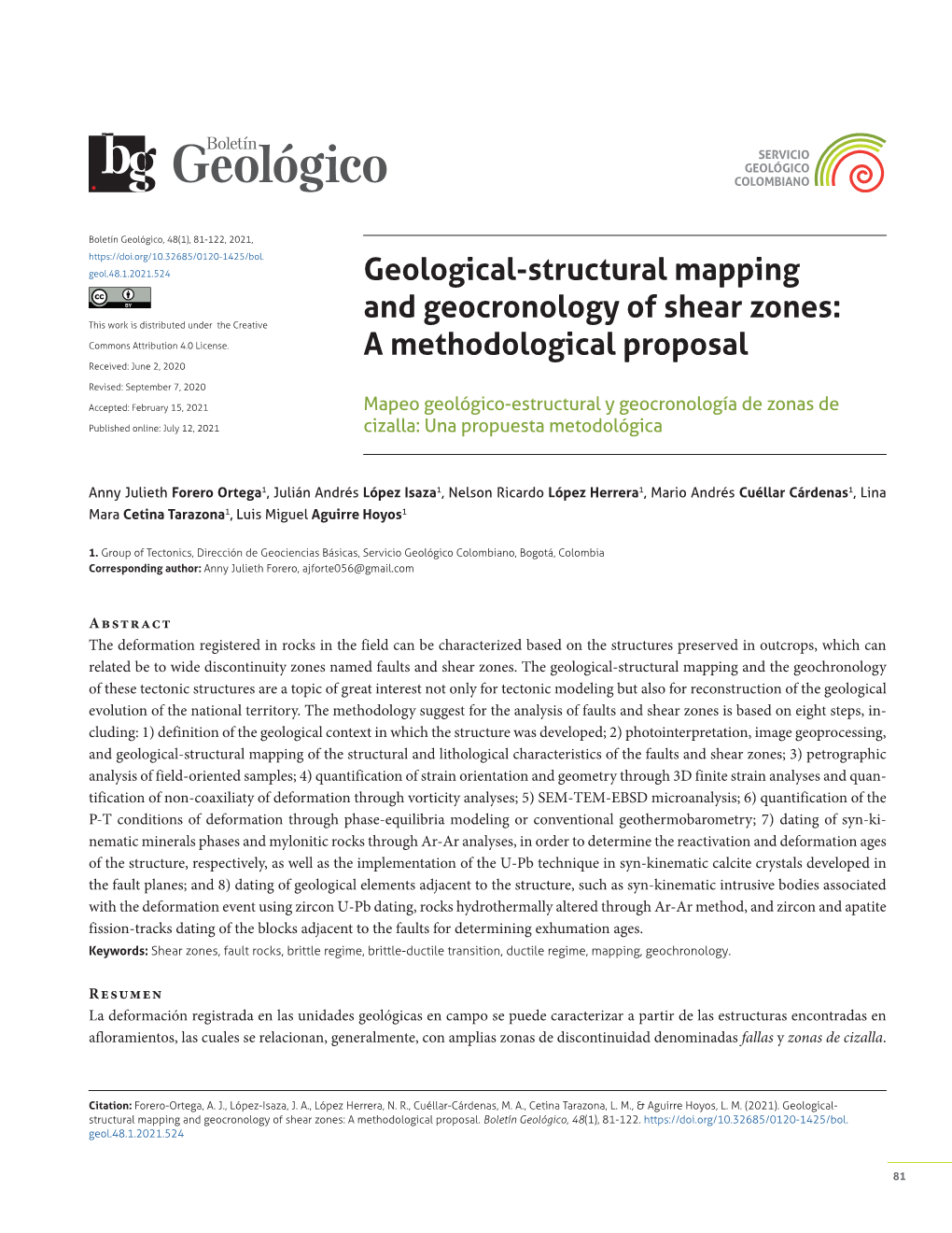 Geological-Structural Mapping and Geocronology of Shear Zones: This Work Is Distributed Under the Creative Commons Attribution 4.0 License