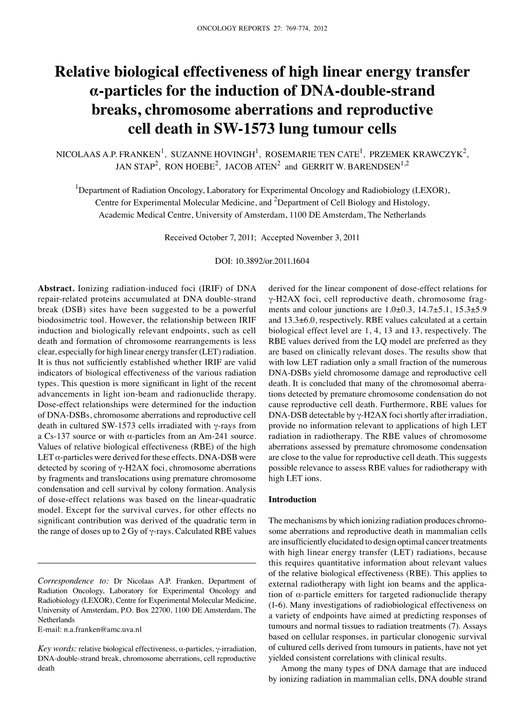 Relative Biological Effectiveness of High Linear Energy Transfer Α-Particles for the Induction of DNA-Double-Strand Breaks, Ch