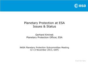 Planetary Protection at ESA Issues & Status