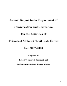 Annual Report to the Department of Conservation and Recreation on the Activities of Friends of Mohawk Trail State Forest for 2007-2008