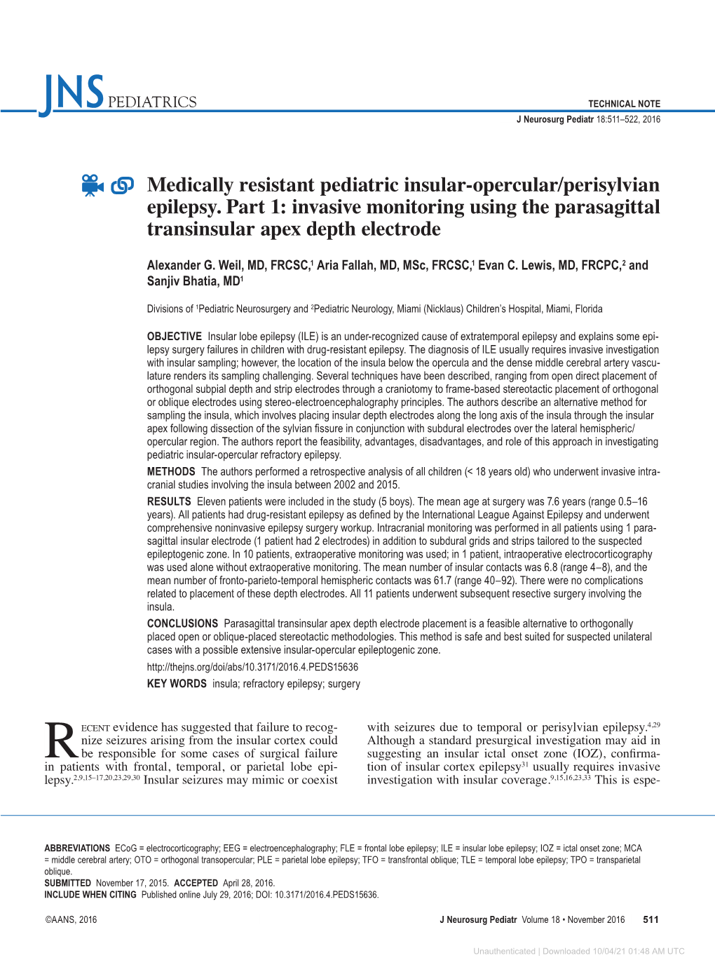 Medically Resistant Pediatric Insular-Opercular/Perisylvian Epilepsy