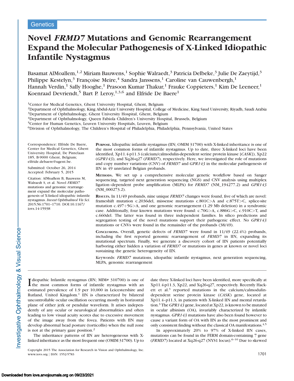 Novel FRMD7 Mutations and Genomic Rearrangement Expand the Molecular Pathogenesis of X-Linked Idiopathic Infantile Nystagmus