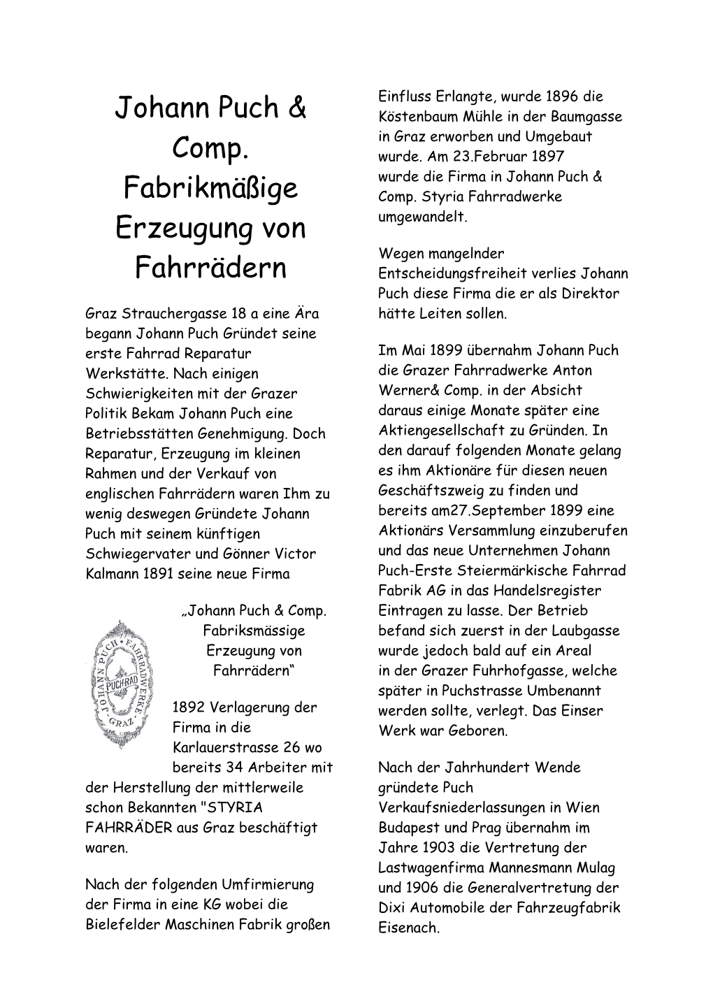 Johann Puch & Comp. Fabrikmäßige Erzeugung Von Fahrrädern