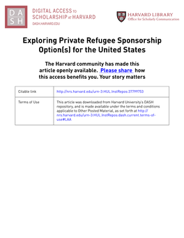Exploring Private Refugee Sponsorship Option(S) for the United States