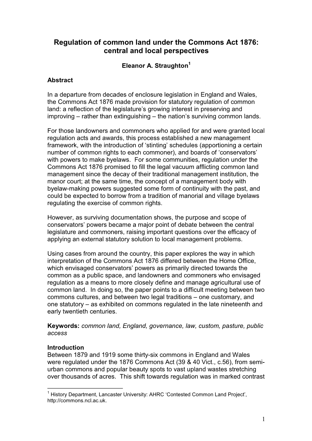 Regulation of Common Land Under the Commons Act 1876: Central and Local Perspectives