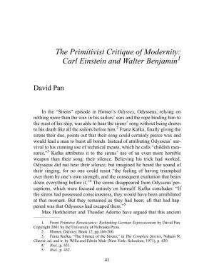 The Primitivist Critique of Modernity: Carl Einstein and Walter Benjamin1