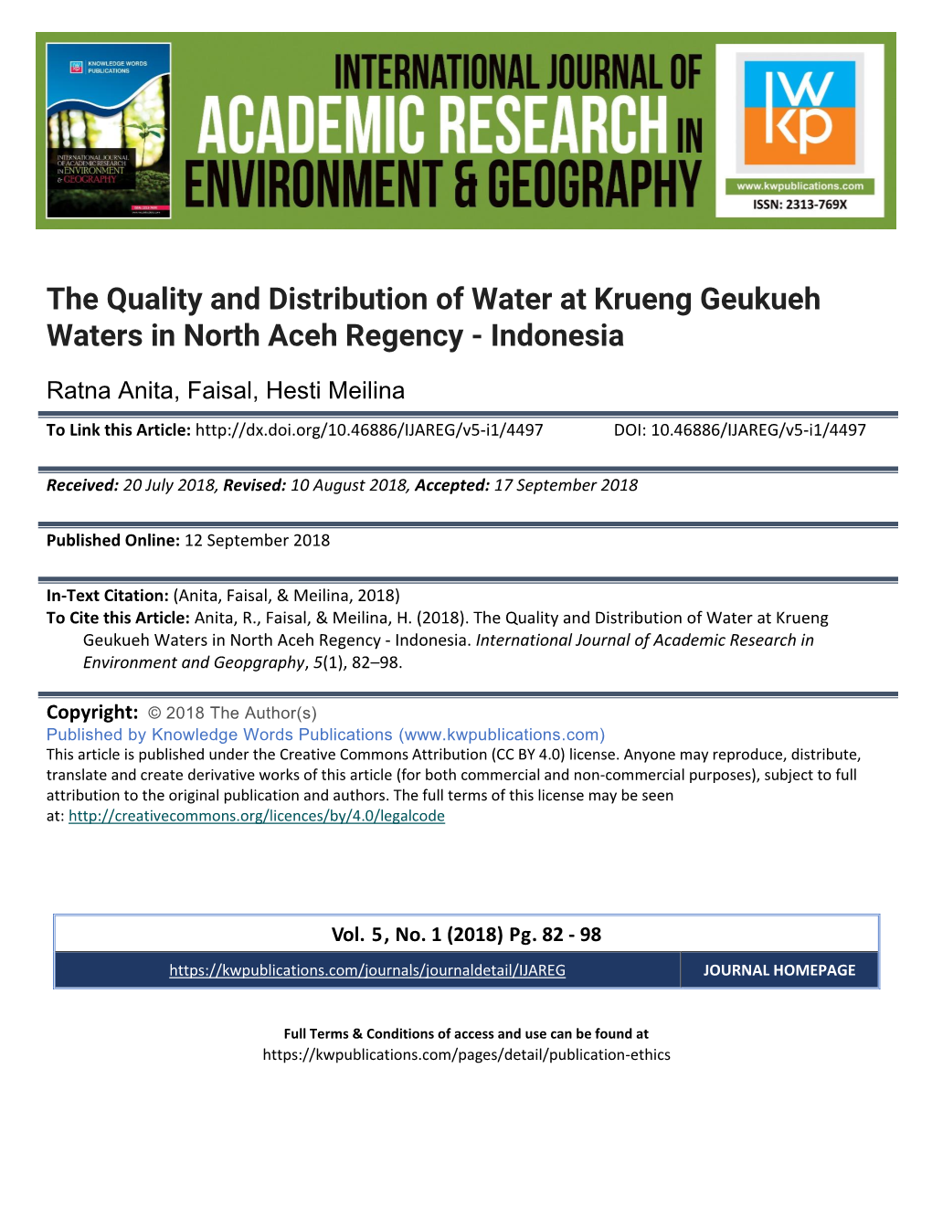 The Quality and Distribution of Water at Krueng Geukueh Waters in North Aceh Regency - Indonesia