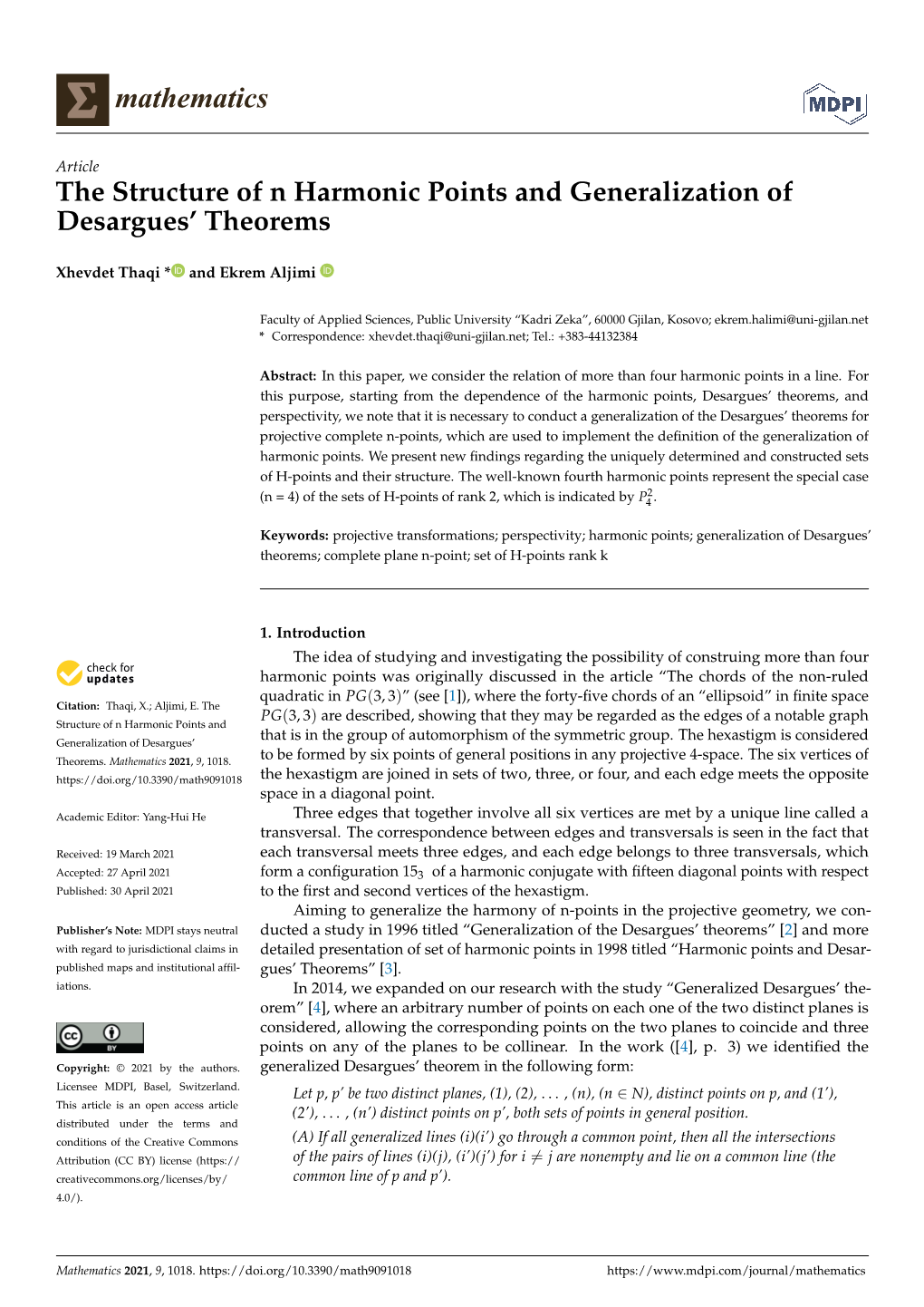 The Structure of N Harmonic Points and Generalization of Desargues’ Theorems