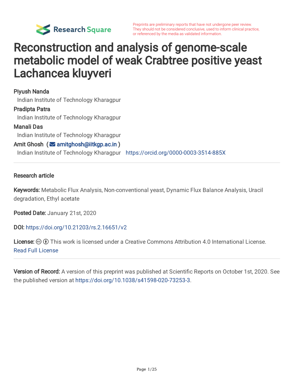 Reconstruction and Analysis of Genome-Scale Metabolic Model of Weak Crabtree Positive Yeast Lachancea Kluyveri