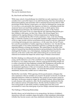 The Verdict Is in the Case for Attachment Theory by Alan Sroufe and Daniel Siegel While Many Schools of Psychotherapy Have Held