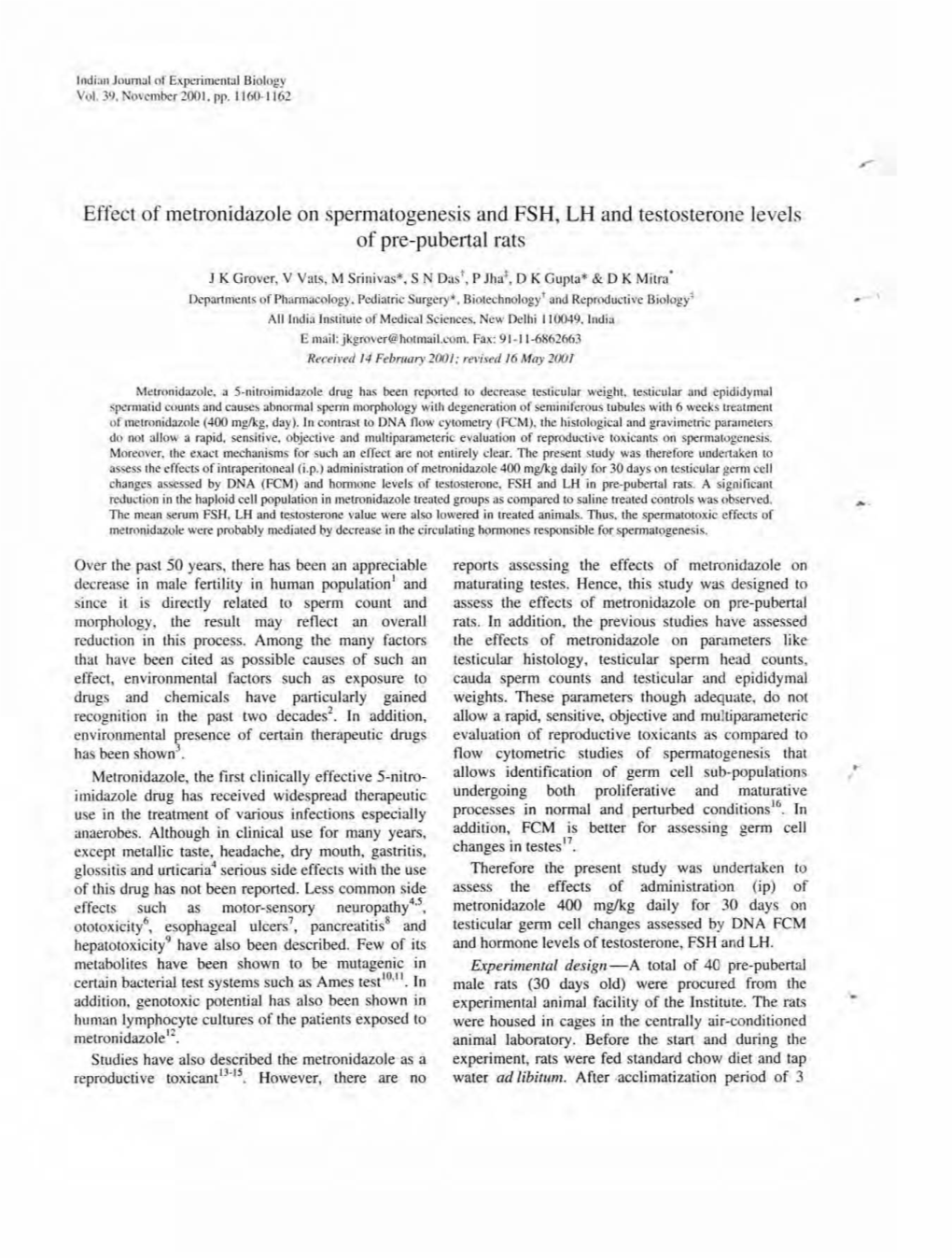 Effect of Metronidazole on Spermatogenesis and FSH, LH and Testosterone Levels of Pre-Pubertal Rats