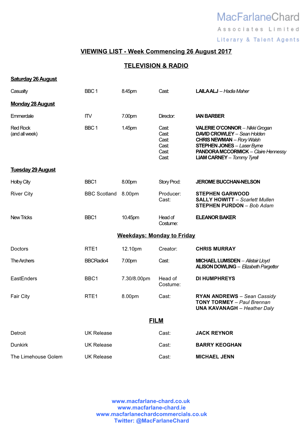 VIEWING LIST - Week Commencing 26 August 2017