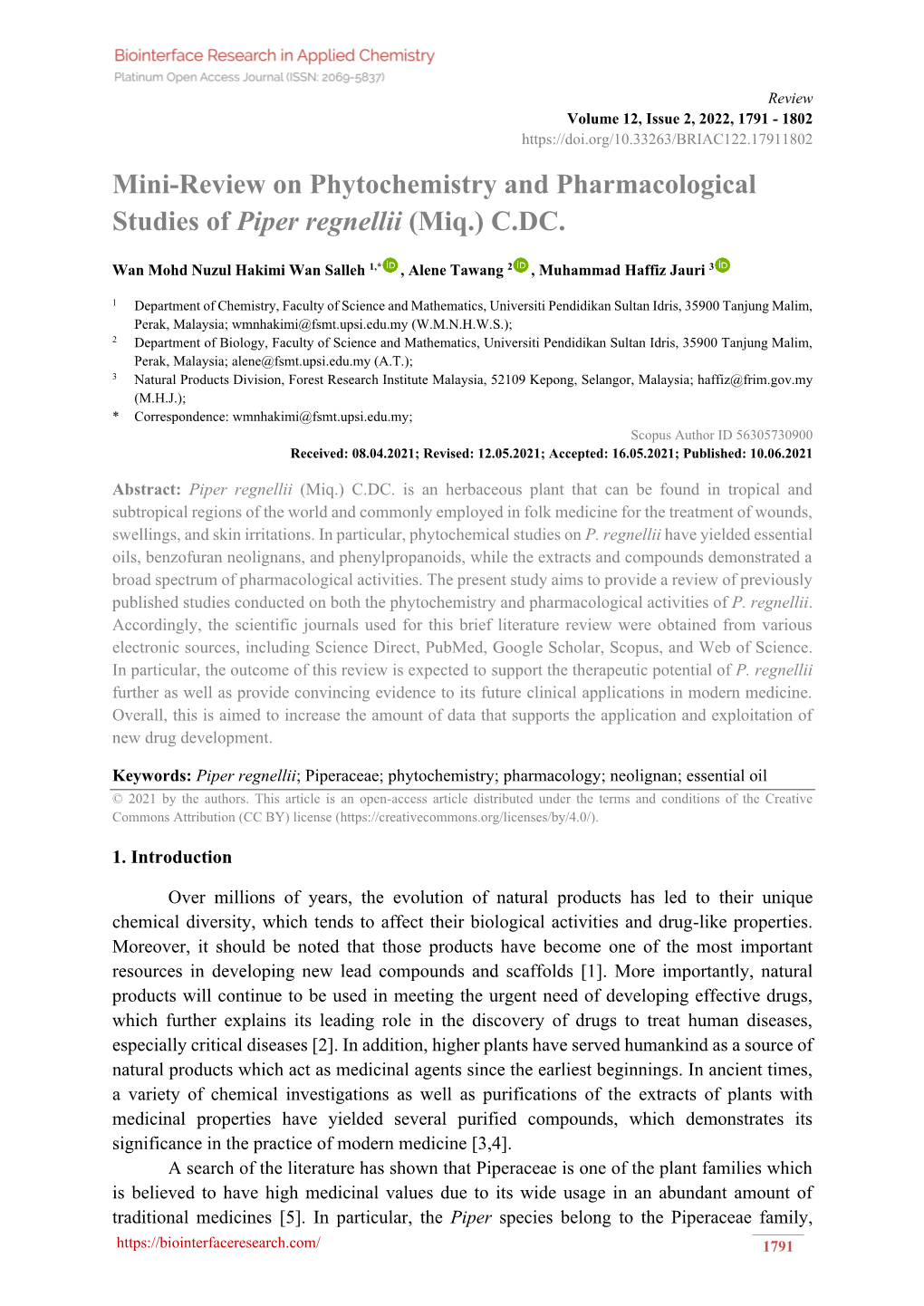 Mini-Review on Phytochemistry and Pharmacological Studies of Piper Regnellii (Miq.) C.DC