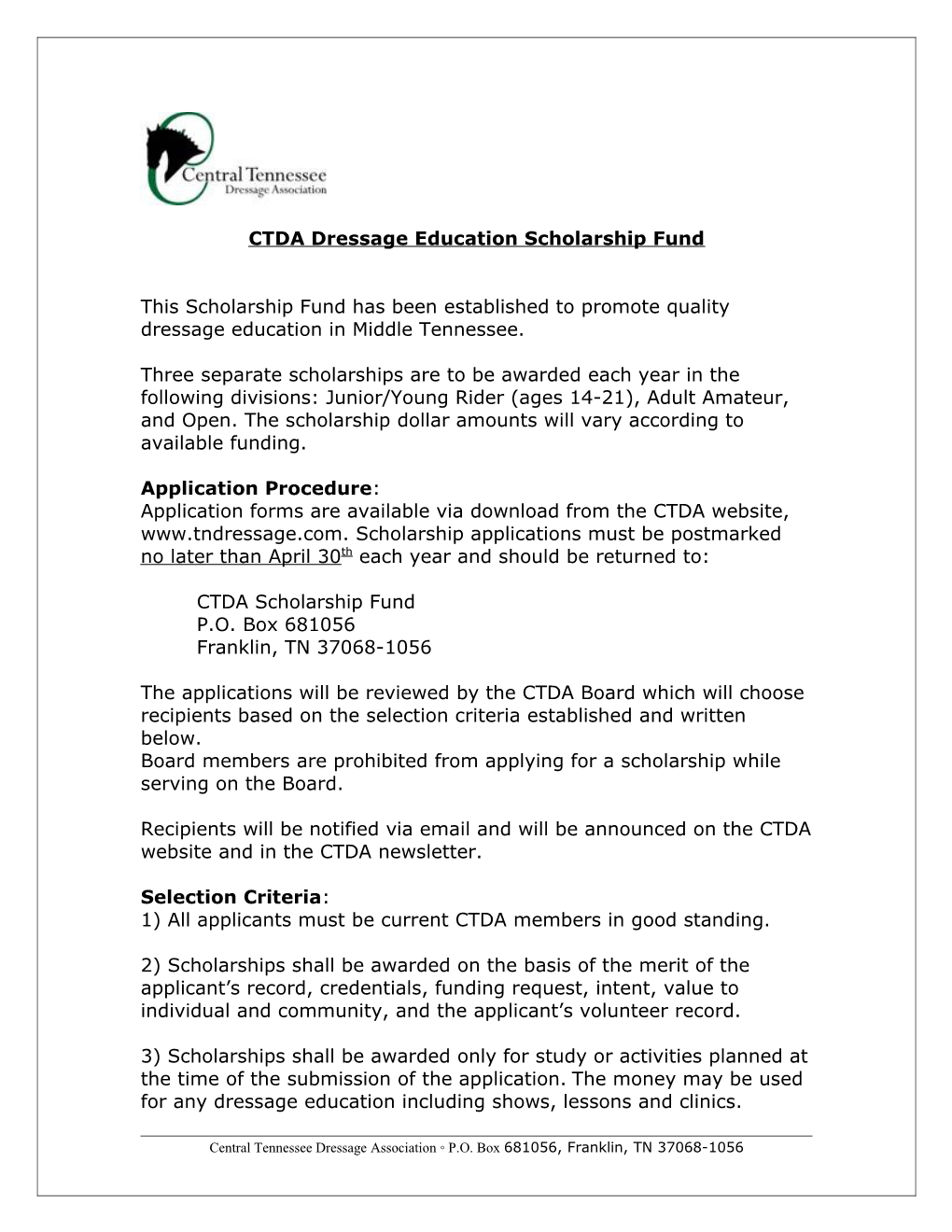 CTDA Dressage Education Scholarship Fund