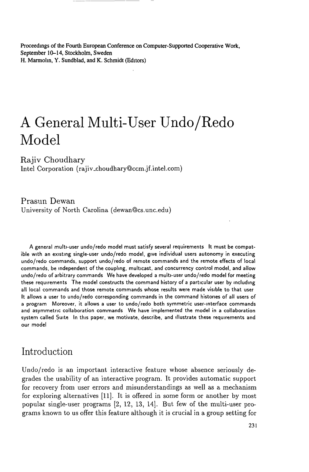 A General Multi-User Undo/Redo Model Rajiv Choudhary Intel Corporation (Rajiv Choudhary@Ccm.Jf.Intel.Com)