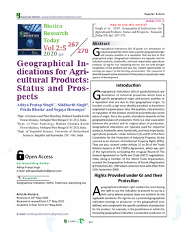 Geographical Indications for Agricultural Products: Status and Prospects