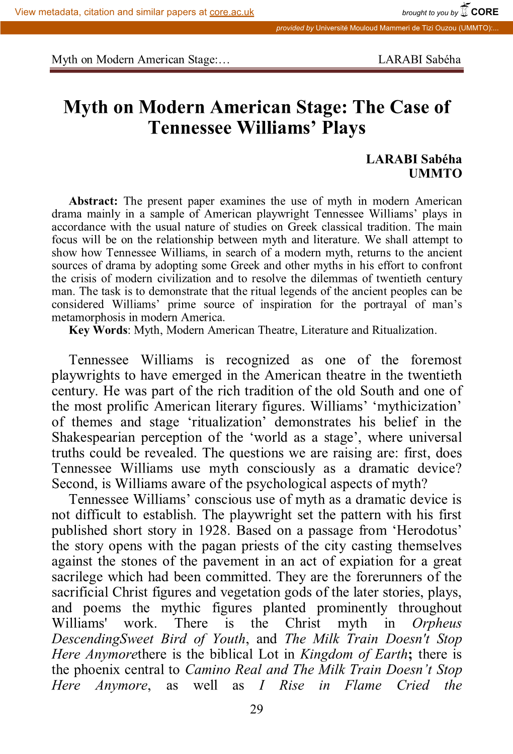 Myth on Modern American Stage: the Case of Tennessee Williams' Plays