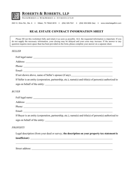 Real Estate Contract Information Sheet