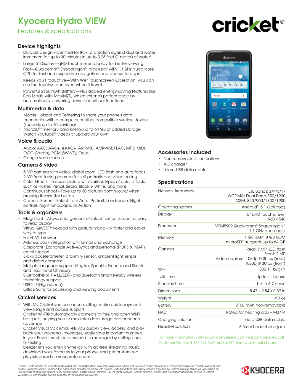 Kyocera Hydroview Specs Spanish